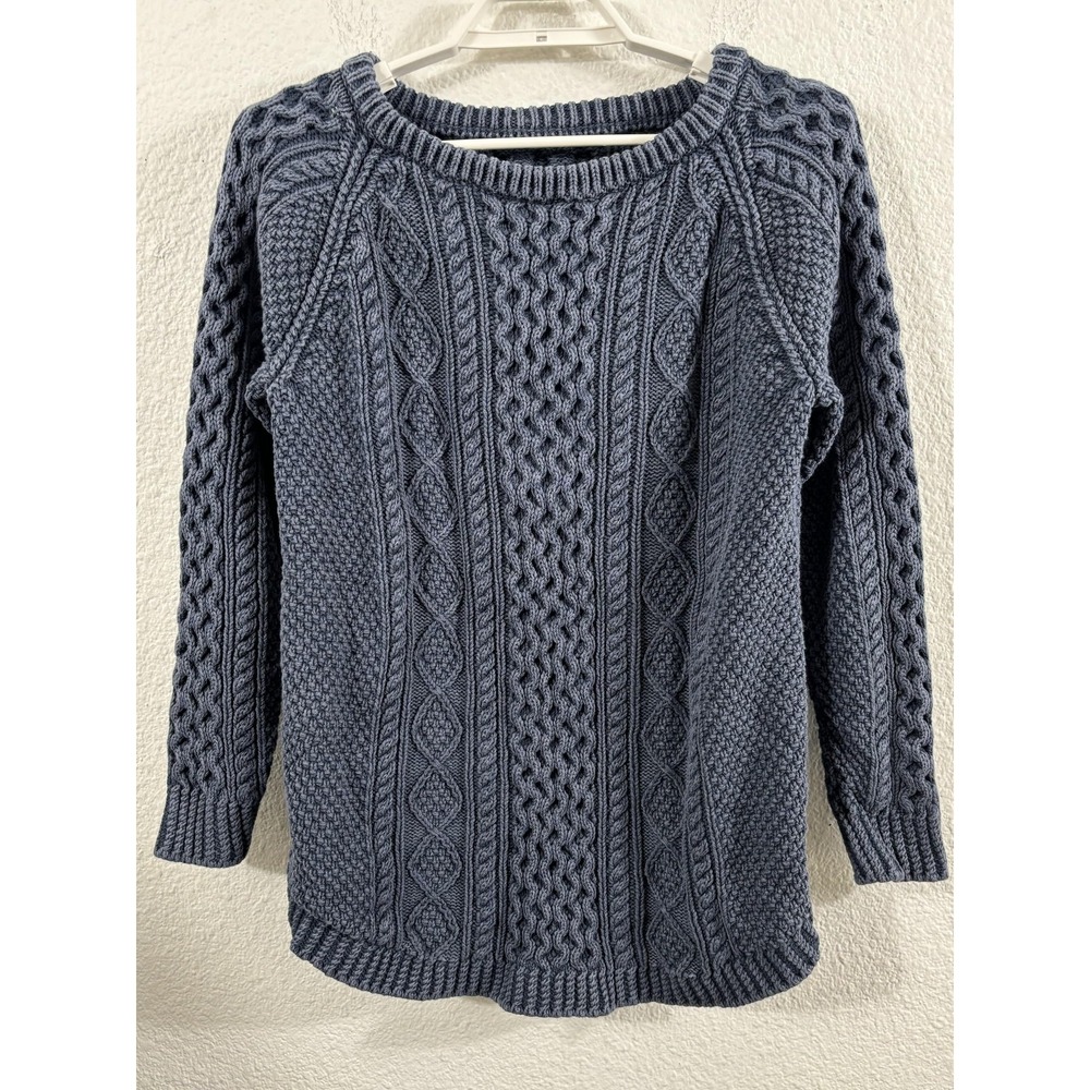 Vintage LL Bean Sweater Medium Blue Fisherman‎ Cable Knit Side Zip Heavyweight